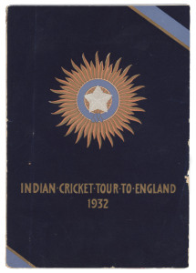INDIAN CRICKET TOUR TO ENGLAND 1932: published by The Board of Control for Cricket in India. Pre-tour, for the 1932 Indian tour of England, their second visit but the first in which they played Test matches. Large 8vo. 48pp. Illustrated throughout. Original decorative wrappers, minor stain to lower edges.