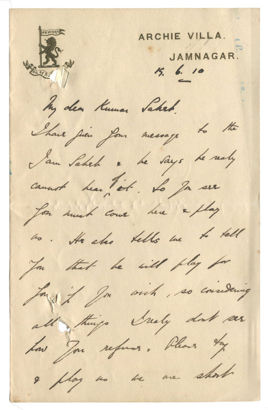 TWO LETTERS FROM JAMNAGAR PALACE, 1910Two autograph letters, written and signed by Harry Lester Simms while at Jamnagar Palace, a guest of Ranjitsinhji. The letters are addressed to "Kumar Saheb" [Kumar Shri Godji Khengarji Saheb "Manhubha", second son of