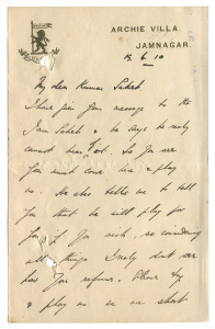 TWO LETTERS FROM JAMNAGAR PALACE, 1910Two autograph letters, written and signed by Harry Lester Simms while at Jamnagar Palace, a guest of Ranjitsinhji. The letters are addressed to "Kumar Saheb" [Kumar Shri Godji Khengarji Saheb "Manhubha", second son of