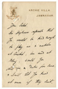 TWO LETTERS FROM JAMNAGAR PALACE, 1910Two autograph letters, written and signed by Harry Lester Simms while at Jamnagar Palace, a guest of Ranjitsinhji. The letters are addressed to "Kumar Saheb" [Kumar Shri Godji Khengarji Saheb "Manhubha", second son of - 2