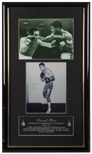LIONEL ROSE, signed black & white photograph, mounted together with a dramatic action photograph from the Rose v Harada bout on February 26, 1968. In defeating Harada, Lionel Rose became World Bantamweight Champion and the first Australia Aboriginal to win a World title. Framed & glazed, overall 68 x 41cm. With CofA.