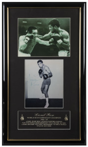 LIONEL ROSE, signed black & white photograph, mounted together with a dramatic action photograph from the Rose v Harada bout on February 26, 1968. In defeating Harada, Lionel Rose became World Bantamweight Champion and the first Australia Aboriginal to wi