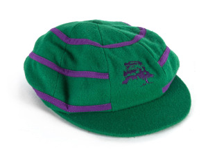 DENNIS LILLEE'S ACB CHAIRMAN'S XI CAP, from the fourth Lilac Hill match - ACB Chairman's XI v New Zealand (the 1st match of the 1993-94 NZ tour of Australia), green with lilac bands, with embroidered Lilac Hill logo on front, signed inside by Dennis Lille