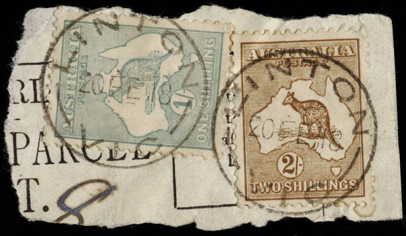 2/- Brown + 1/- Emerald, both tied by "LINTON-VIC" cds's on part parcel post label dated Feb.1918.