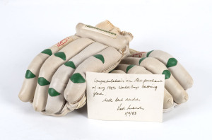 ROD MARSH, Batting Gloves, worn during the 1983 World Cup. Purchased by Alan Piper at the Rod Marsh Testimonial Auction (1-9-83), with a hand-written signed note from Rod Marsh on the reverse of the ticket.