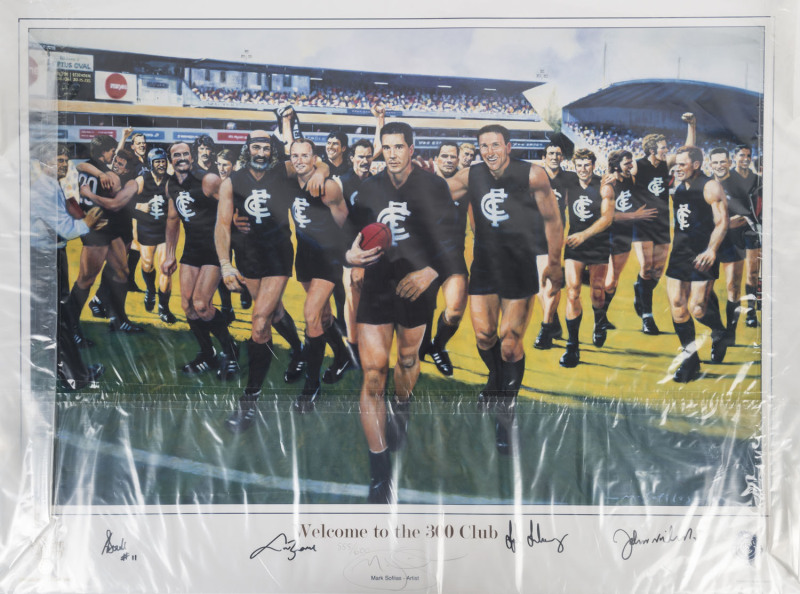 CARLTON: "Welcome to the 300 Club"  poster print by Mark Sofilas to commemorate Stephen Silvagni's 300th game for the Carlton Football Club. Signed by Silvagni, Bruce Doull, John Nicholls and Craig Bradley (Carlton's four 300-game players) as well as the