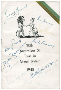 1948 Australian Tour to England: Rare itinerary booklet '20th Australian XI Tour in Great Britain 1948', signed to front cover by Don Bradman, Lindsay Hassett, Ian Johnson, Neil Harvey, Keith Miller and the other members of the "Invincibles" (12 signatures in total; some faded). Extremely rare - believed to have been presented to players & officials of the touring team.