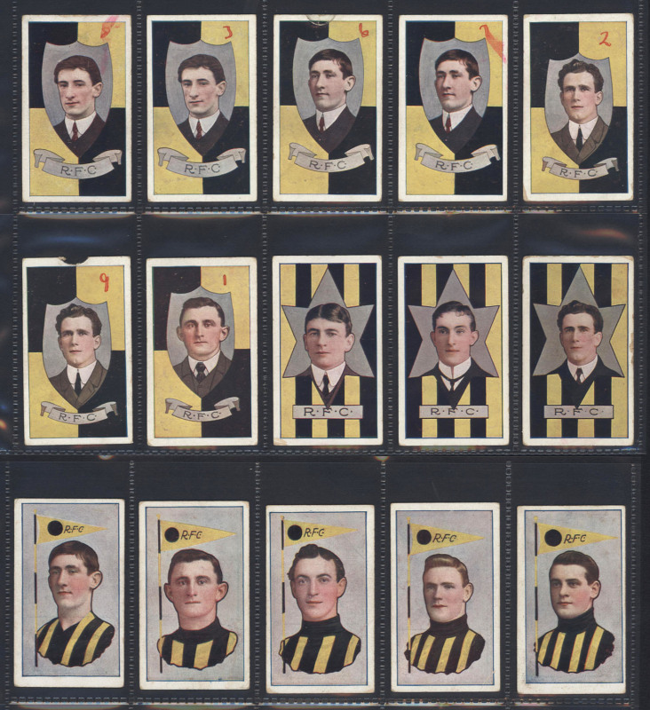 1912-14 SNIDERS & ABRAHAMS: "Australian Footballers", Richmond players from Series G (With Pennant), H (Head in Star) and I (Head in Shield), (15). Slight duplication; mixed condition.