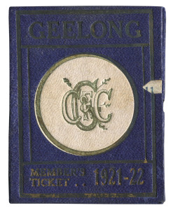 GEELONG CRICKET & FOOTBALL CLUB: Member's Season Ticket for 1921-22, blue & white with gilt lettering; fixture list and officials details including Charles Brownlow, Secretary. Membership No.15 hand-stamped internally and named in manuscript to R.N. McDonald. Together with a metal cigarette case with an enamel City of Geelong crest affixed and the initials "R N McD" scratched onto the upper face. (2 items).