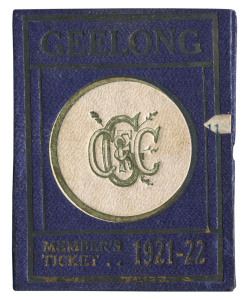 GEELONG CRICKET & FOOTBALL CLUB: Member's Season Ticket for 1921-22, blue & white with gilt lettering; fixture list and officials details including Charles Brownlow, Secretary. Membership No.15 hand-stamped internally and named in manuscript to R.N. McDon
