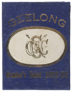 GEELONG CRICKET & FOOTBALL CLUB: Member's Season Ticket for 1922-23, blue & white with gilt lettering; fixture list and officials details including Charles Brownlow, Secretary. Membership No.13 hand-stamped internally and named in manuscript to R.N. McDonald.