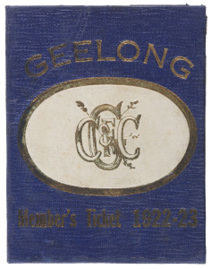 GEELONG CRICKET & FOOTBALL CLUB: Member's Season Ticket for 1922-23, blue & white with gilt lettering; fixture list and officials details including Charles Brownlow, Secretary. Membership No.13 hand-stamped internally and named in manuscript to R.N. McDon