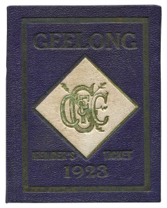 GEELONG CRICKET & FOOTBALL CLUB: Member's Season Ticket for 1923, blue & white with gilt lettering; fixture list and officials details including Charles Brownlow, Secretary. Membership No.13 hand-stamped internally and named in manuscript to H. McDonald. 