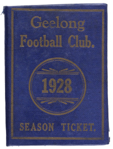 GEELONG FOOTBALL CLUB: Member's Season Ticket for 1928, blue & white with gilt lettering; fixture list and officials details including 2 members of the McDonald family. Membership No.1632 hand-stamped internally and named in manuscript to R.N. McDonald.