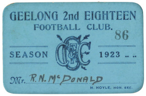 GEELONG FOOTBALL CLUB 1923 2nd Eighteen Member's Season Ticket, number '86' and named to R.N. McDonald; with fixture of matches printed on reverse. Extremely rare. G/VG condition