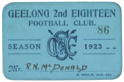 GEELONG FOOTBALL CLUB 1923 2nd Eighteen Member's Season Ticket,  number '86' and named to R.N. McDonald; with fixture of matches printed on reverse. Extremely rare. G/VG condition