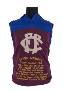 FITZROY: Kevin Murray original signature on the front of a short-sleeved Fitzroy jumper with No.1 on the back. Murray's statistics 1955-74 embroidered below the Fitzroy emblem.