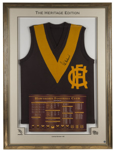 Hawthorn Football Club: The Heritage Edition framed jumper signed by Peter Hudson. Limited Edition 16/50. Attractively framed & glazed, overall 107.5 x 78cm.