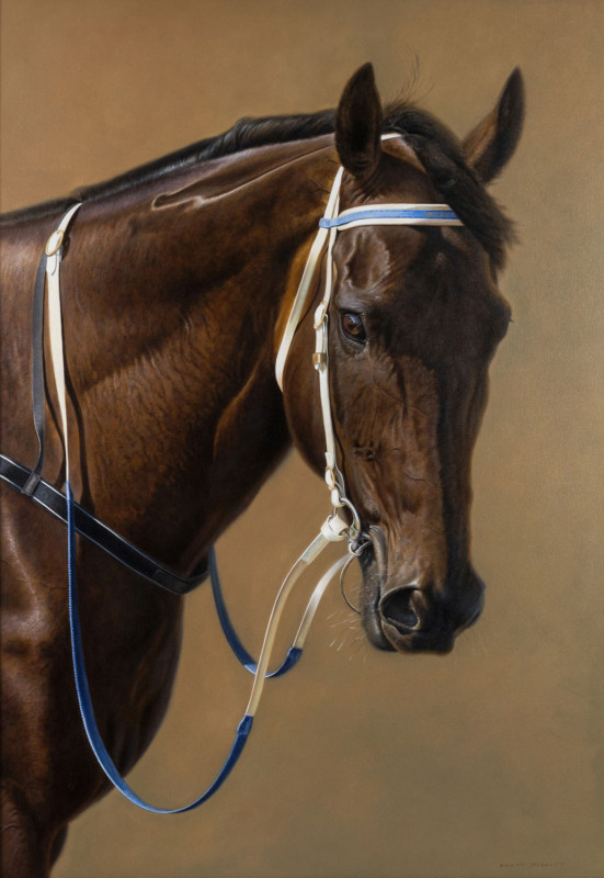 BLACK CAVIAR: Brett Jarrett, "Black Caviar", oil on canvas, signed "Brett Jarrett" lower right, framed, overall 108x145cm