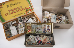 CIGARETTE & TRADE CARDS: A small accumulation, mainly Australian Rules Football; mixed condition. (90) Also an untidy range of general subjects in albums and loose in a box. (100s).