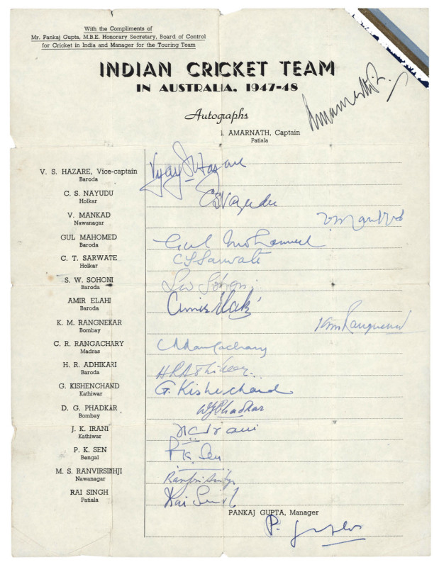 INDIAN TEST SHEETS & AUTOGRAPH PAGES: 1947 - 1999 collection of (10) items, comprising the official team sheet for the INDIAN CRICKET TEAM IN AUSTRALIA 1947-48 (Amarnath, Capt., HAZARE, Vice. Capt.) fully signed; an undated (1948) letter from Kumar Rai Si