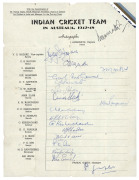 INDIAN TEST SHEETS & AUTOGRAPH PAGES: 1947 - 1999 collection of (10) items, comprising the official team sheet for the INDIAN CRICKET TEAM IN AUSTRALIA 1947-48 (Amarnath, Capt., HAZARE, Vice. Capt.) fully signed; an undated (1948) letter from Kumar Rai Si