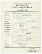 INDIAN TEST SHEETS & AUTOGRAPH PAGES: 1947 - 1999 collection of (10) items, comprising the official team sheet for the INDIAN CRICKET TEAM IN AUSTRALIA 1947-48 (Amarnath, Capt., HAZARE, Vice. Capt.) fully signed; an undated (1948) letter from Kumar Rai Si - 2