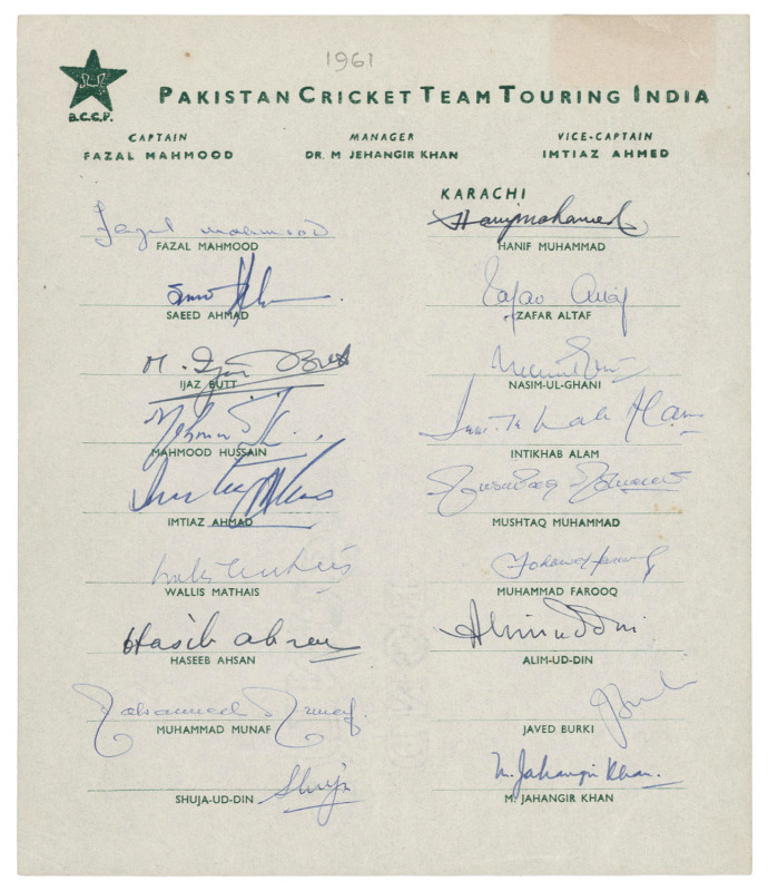 PAKISTAN: 1961-2001 collection of (12) team sheets and autograph pages, including the 1961 Pakistan Team to India; 1972-3 Pakistan team to Ceylon, Australia & New Zealand; the 1978 Pakistan team to U.K.; the 1982 team to England (Imran Khan, Capt.); the 1