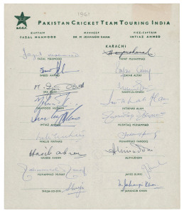 PAKISTAN: 1961-2001 collection of (12) team sheets and autograph pages, including the 1961 Pakistan Team to India; 1972-3 Pakistan team to Ceylon, Australia & New Zealand; the 1978 Pakistan team to U.K.; the 1982 team to England (Imran Khan, Capt.); the 1983-4 team to Australia (Imran Khan, Capt.); the 1987 team to U.K. (Imran Khan, Capt.); the 1988 team to Australia & New Zealand (Imran Khan, Capt.); plus 4 later team sheets. All but one fully signed.