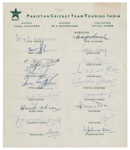 PAKISTAN: 1961-2001 collection of (12) team sheets and autograph pages, including the 1961 Pakistan Team to India; 1972-3 Pakistan team to Ceylon, Australia & New Zealand; the 1978 Pakistan team to U.K.; the 1982 team to England (Imran Khan, Capt.); the 1
