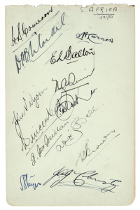 SOUTH AFRICA: 1931-2003 collection of (21) team sheets or autograph pages. A wonderful collection which includes the team to Australia 1931/32; the team to Australia 1935/36; the team to England in 1947; the England & South African teams at Old Trafford July 1951; the team to Australia & New Zealand 1952-53; the 1955 team to Great Britain; the 1963/64 team to Australia & New Zealand; the 1965 team; the 1970 team to the U.K.; the January 1986 team v Australia; and several others.