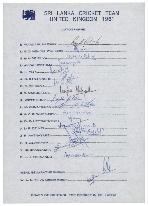 SRI LANKA: 1981-2006 collection of (14) team sheets and autograph pages, including the 1981 team to U.K.; the 1984/5 team to Western Australia; the 1987 team to Western Australia; the 1989/90 team to Australia; the 1991 team to New Zealand; the 1992 team