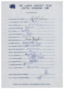 SRI LANKA: 1981-2006 collection of (14) team sheets and autograph pages, including the 1981 team to U.K.; the 1984/5 team to Western Australia; the 1987 team to Western Australia; the 1989/90 team to Australia; the 1991 team to New Zealand; the 1992 team to New Zealand & Australia; the 1994 team to Zimbabwe; the 1995 team to New Zealand and Sharjah; the 1995/96 tour to Australia; the 1999 tour to Australia; all several others. A hard to assemble group.