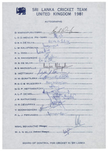 SRI LANKA: 1981-2006 collection of (14) team sheets and autograph pages, including the 1981 team to U.K.; the 1984/5 team to Western Australia; the 1987 team to Western Australia; the 1989/90 team to Australia; the 1991 team to New Zealand; the 1992 team 