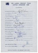 SRI LANKA: 1981-2006 collection of (14) team sheets and autograph pages, including the 1981 team to U.K.; the 1984/5 team to Western Australia; the 1987 team to Western Australia; the 1989/90 team to Australia; the 1991 team to New Zealand; the 1992 team