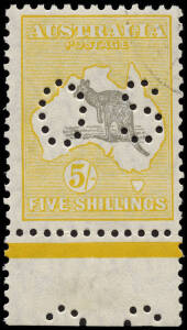 5/- Grey & Yellow-Orange, perforated 'OS'. Lower marginal single very lightly CTO, with full original gum.
