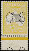 5/- Grey & Yellow-Orange, perforated 'OS'. Lower marginal single very lightly CTO, with full original gum.