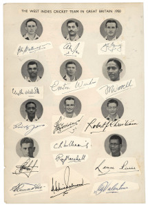 WEST INDIES: 1950-2005 marvellous collection of (17) team sheets and autograph pages including the 1950 team to England; the 1960/61 team to Australia; the 1969 team to Australia (with the Australian team autographs as well); the 1973 team to U.K.; the 1975-76 team to Australia; the 1979 team for the Prudential Cup; the 1979/80 team to Australia and New Zealand; the 1981-82 tour to Australia; the 1983 team to South Africa (and the Eastern Province team); the 1983/84 team to South Africa; etc.