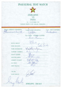 ZIMBABWE: 1992-2003 collection of (5) team sheets and autograph pages including the October 1992 first Test match against India; the 1998 team to Sri Lanka and New Zealand; the 1999 World Cup Squad; the 2000 team; and the 2003 team to England. All hard to find!