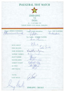 ZIMBABWE: 1992-2003 collection of (5) team sheets and autograph pages including the October 1992 first Test match against India; the 1998 team to Sri Lanka and New Zealand; the 1999 World Cup Squad; the 2000 team; and the 2003 team to England. All hard to