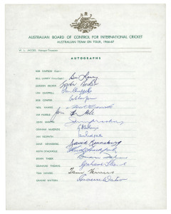 AUTOGRAPHS: A collection of (180) on cards, autograph book pages, team sheets, etc. Noted Leo O'Brien (Aust.), Bruce Reid (Aust.), H. Gimblett (England), L. Braund (England), Colin Cowdrey (England), R. Kilner (England), N. Haig (England), C.F.Root (England), Brett Hogg, Len Maddocks, John Rutherford, Geoff Lawson, Bill Lawry, Ian Chappell, Neil Hawke, Ian Redpath, Keith Stackpole, Mike Kasprowicz, Simon Katich, Joe Angel, Alan Dale, Steve Waugh, Ron Hammence, Paul Reiffel, Andy Bichel, etc.