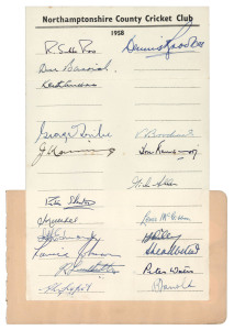 ENGLISH COUNTY CRICKETERS: A collection of 1958 signatures, mainly on pages removed from an autograph album, including Derbyshire (10+8), Essex (10 signatures), Glamorgan (4), Gloucester (12+7), Hampshire (11), Kent ((6), Middlesex (8+9 including 2 signed