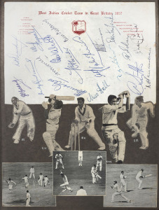 A 1949-57 scrapbook with a signed picture of Len Hutton on the front cover. The attractively presented pages include an England 1949 autograph page (10 sigs), a New Zealand autograph page (12 sigs), a N.Z. 1958 signed team sheet (17 sigs), a West Indies 1