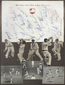 A 1949-57 scrapbook with a signed picture of Len Hutton on the front cover. The attractively presented pages include an England 1949 autograph page (10 sigs), a New Zealand autograph page (12 sigs), a N.Z. 1958 signed team sheet (17 sigs), a West Indies 1957 autograph page (18 sigs), Australia 1956 signed teamsheet, Essex 1949 autograph page (13 sigs), Pakistan 1954 autograph page (15 sigs), Warwickshire 1950 autograph page (12 sigs), Surrey 1951 autograph page (14 sigs), and much more.