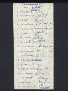 THE 1949-61 scrapbook, companion to the previous item. Includes the 1959 Indian Team to England, the Oxford University team and County teams of the period including Middlesex 1959, Sussex 1958, Hampshire, Somerset, Glamorgan, Derbyshire, Gloucestershire and 1961 Northamptonshire. (150+ autographs).