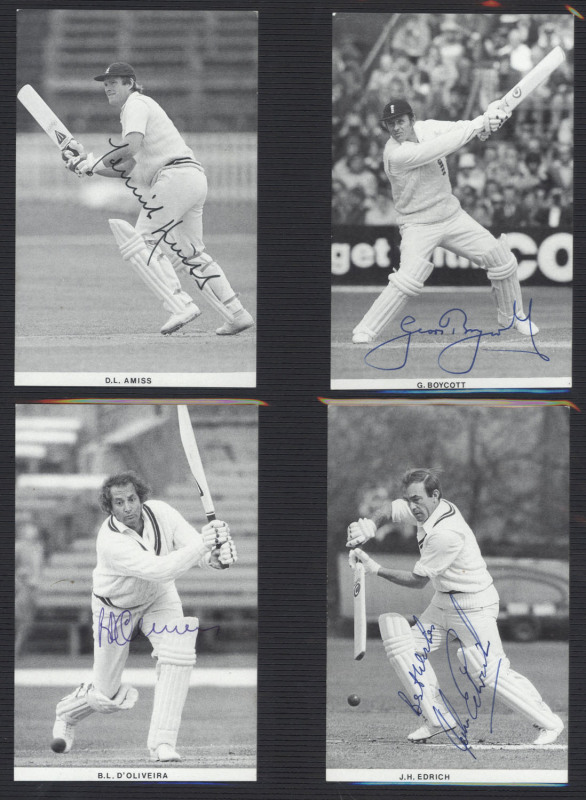 A collection of signed postcards, trade cards & photos comprising Australian Test Cricketers, English Test & County Team cricketers & some West Indians. Noted Alan Border, Greg Chappell, Geoff Lawson, Dennis Lillee, Dirk Wellham, Rod Marsh, Jeff Thomson,