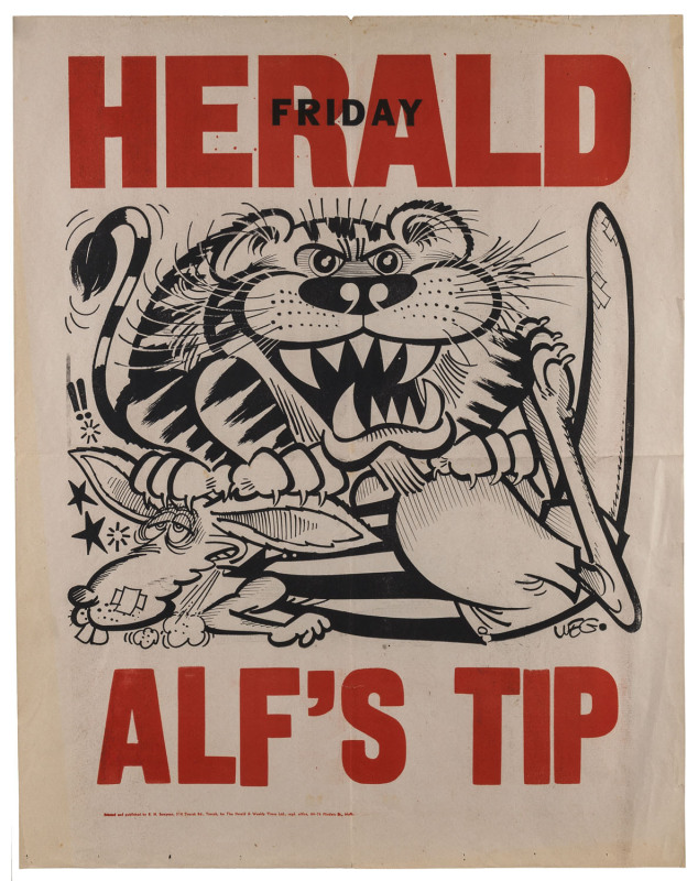 1974 GRAND FINAL EVE POSTER: Undated "ALF'S TIP" original WEG prediction poster  (published 27 September 1974) depicting a rampant Richmond Tiger sitting on top of a bruised and battered North Melbourne Kangaroo. (Alf Brown was correct in his prediction,