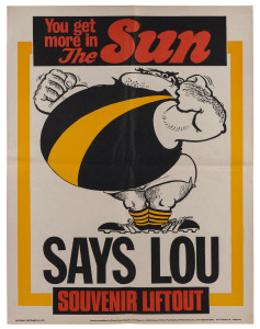 Saturday (morning) September 29, 1973 "The SUN" poster with RICHMOND predicted to be triumphant, "SAYS LOU".  Artwork by Jeff Hook. Scarce. Very good condition.