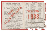 PRESTON FOOTBALL CLUB: 1933 & 1937 Season Tickets; numbered #12 and #18 respectively; the first inscribed for Mr. T. Freeman who is included in the list of LIFE MEMBERS printed within each ticket.&nbsp;The legendary Roy Cazaly was captain and coach of Preston - 2