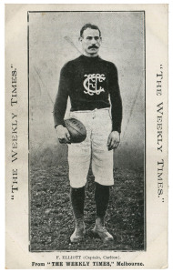 The Weekly Times: circa 1910 "Victorian Footballers" series - F. Elliott (Captain, Carlton). Fine Unused.